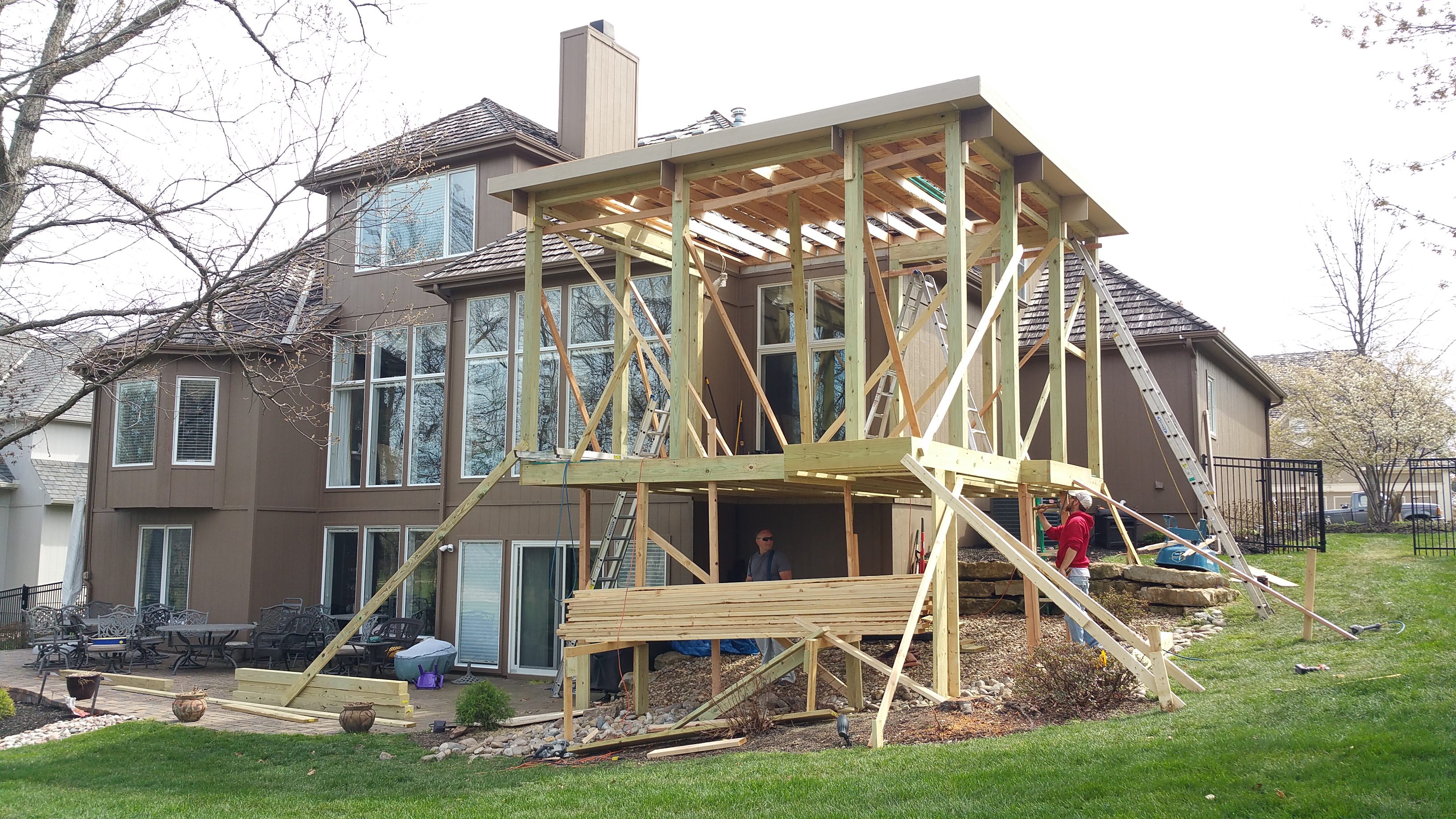 Wooden framework of a house extension under construction.