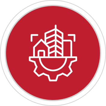 Icon of a building with gear symbol inside a red circle.