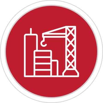 Construction crane and building icon inside a red circle.