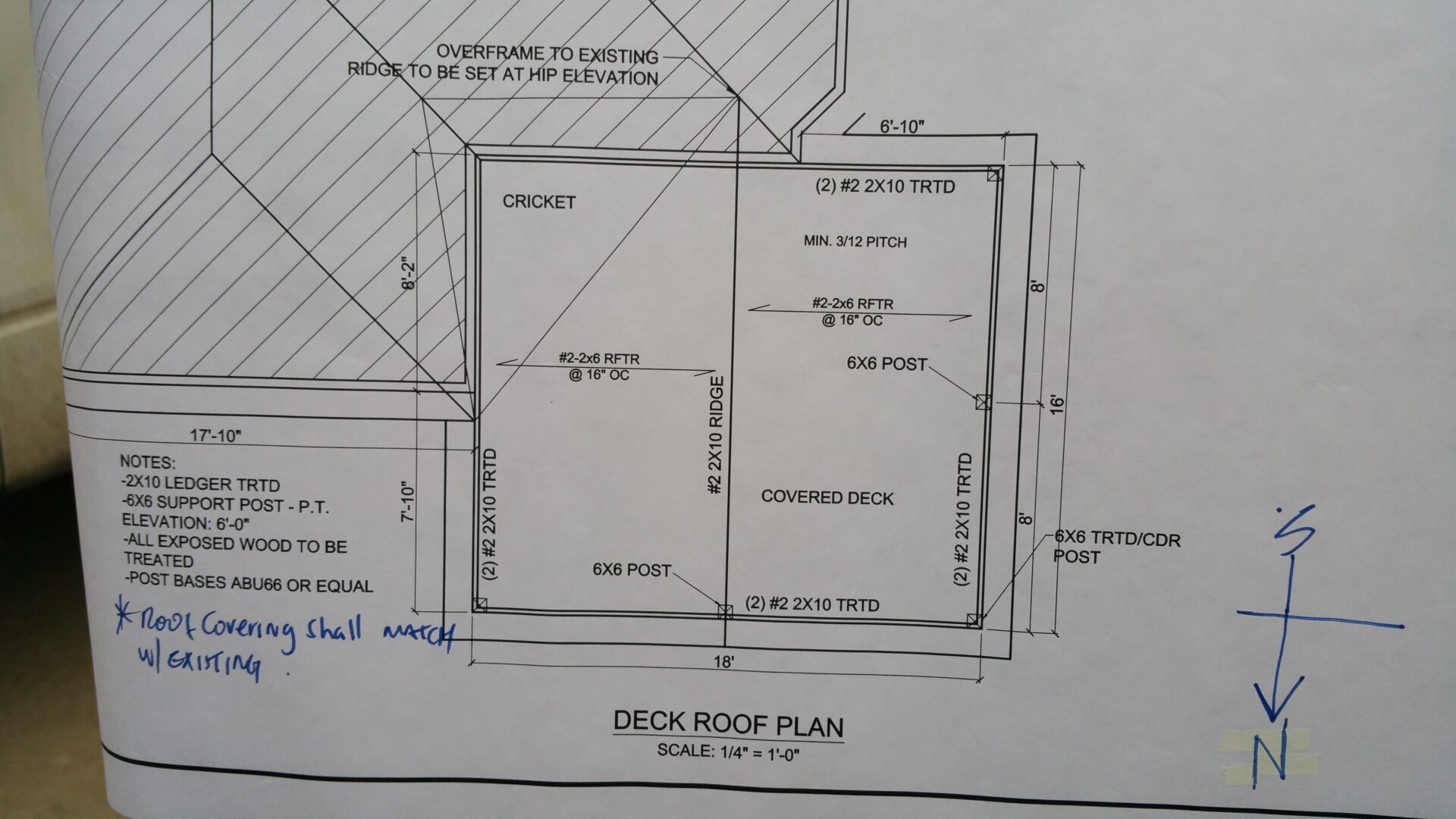 Architectural deck floor plan with dimensions and notes.