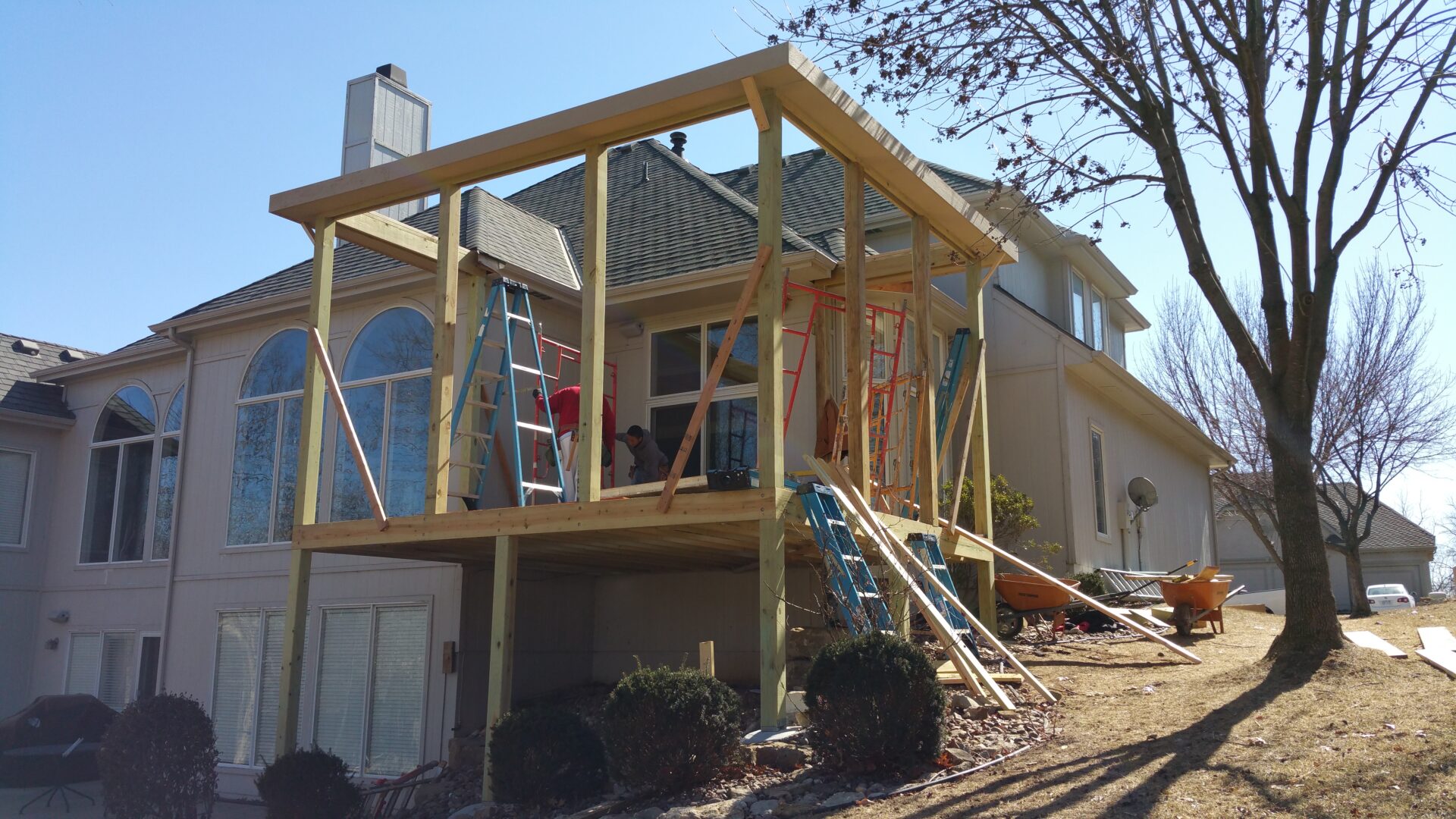 Wooden framework under construction for a house extension.
