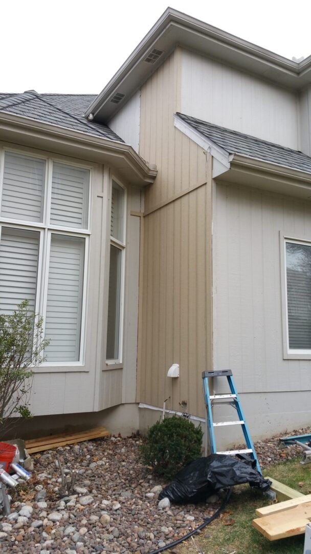 Ladder leaning against the exterior of a beige house near windows.