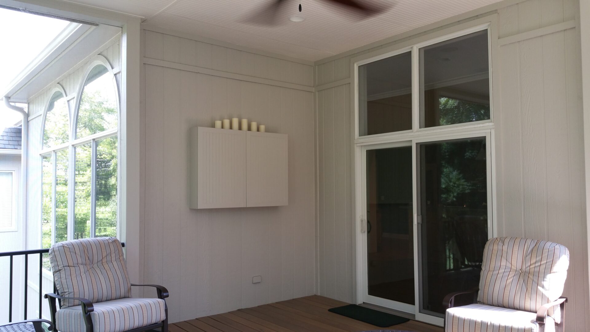 Minimalist room with a white wall panel and candles on top.