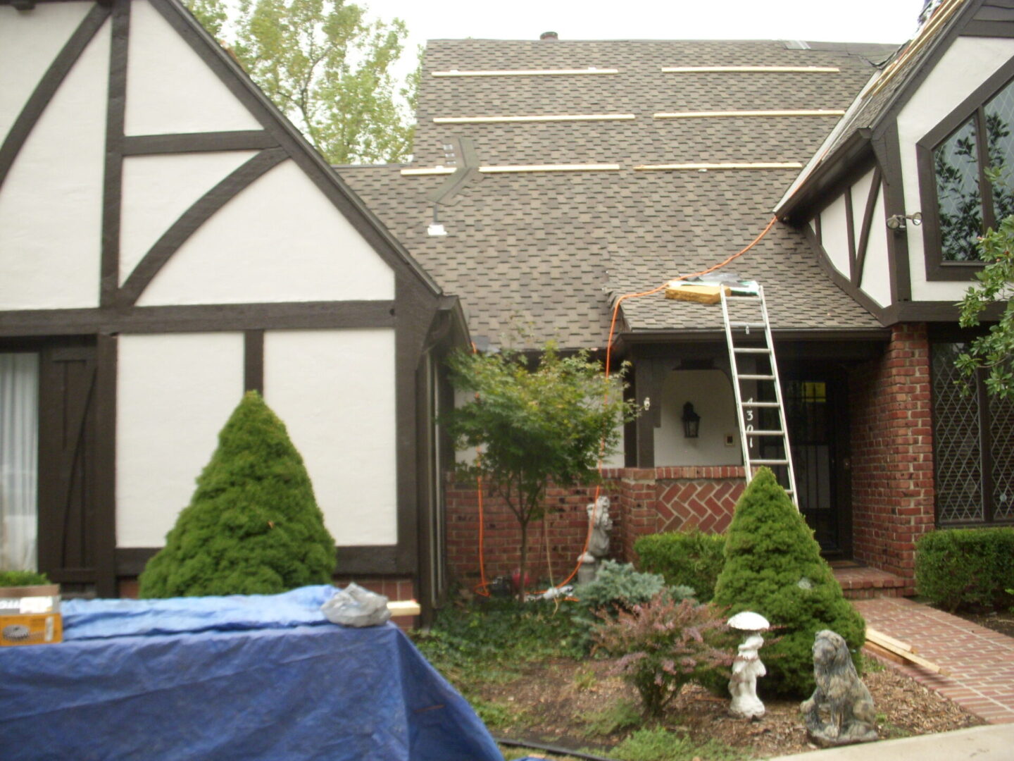 A ladder leaning against a thatched roof house under repair.