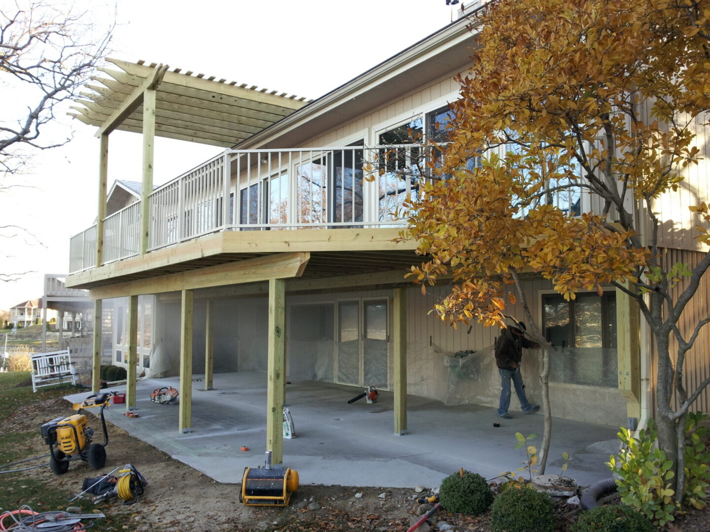 Raised deck and pergola under construction